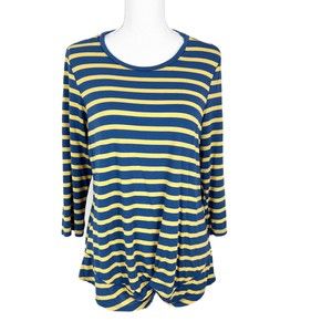 A&I Shirt Women Large Blue Yellow Striped Quarter Sleeve Tunic Twist Hem Casual